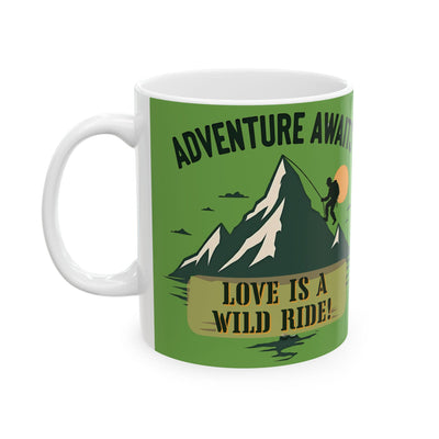 Front view of glossy ceramic mug featuring a vibrant adventure-themed design. Bright colors on white ceramic background.