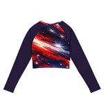 Patriotic Galaxy Recycled Long Sleeve Crop Top - Back View on Model | Our Phoenix Rise