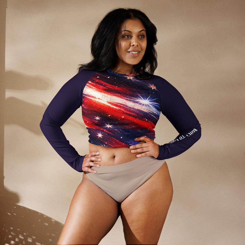 Patriotic Galaxy Recycled Long Sleeve Crop Top Navy White
