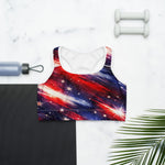 Americana Stars & Stripes Sports Bra - Red White Blue Front View with Workout Gear | Our Phoenix Rise