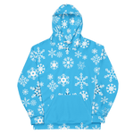 Blue Snowflake Winter Hoodie - Flat lay front view with hood up | Our Phoenix Rise