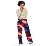 American Flag Galaxy Wide Leg Pants - Woman Full Length Front | Our Phoenix Rise