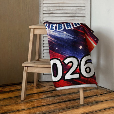 America 250 Patriotic Beach Towel - Draped over wooden stool, close-up of design | Our Phoenix Rise