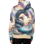 Cosmic Dragon Zip Hoodie - Front view, zipper and turtleneck collar detail | Our Phoenix Rise