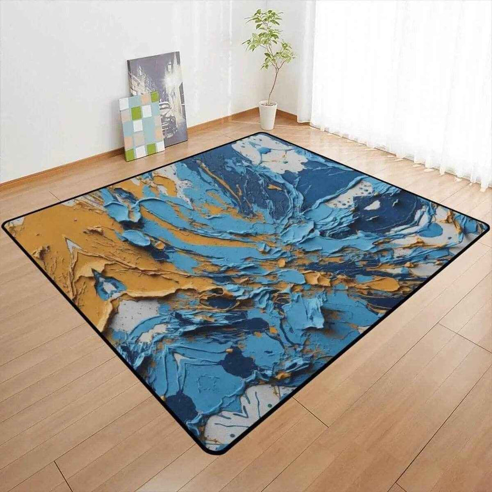 Abstract Van Gogh Style Blue Gold Area Rug Tan