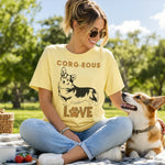 Corgi Love Graphic T-Shirt - Lifestyle mockup with woman and dog | Our Phoenix Rise