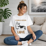 Corgi Love Graphic T-Shirt - Lifestyle mockup with woman in white tee | Our Phoenix Rise