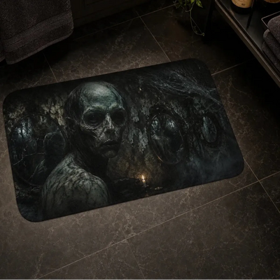 Gothic Skull Bath Mat - Lifestyle Mockup in Dark Moody Bathroom | Our Phoenix Rise