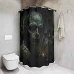 Creepy Skull Monster Shower Curtain angled view in dark room - Detail 17 | Our Phoenix Rise