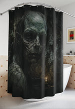 Creepy Skull Monster Shower Curtain hanging in a modern bathroom - Detail 14 | Our Phoenix Rise