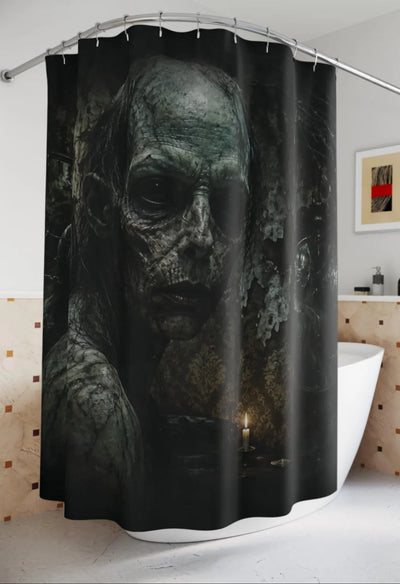 Creepy Skull Monster Shower Curtain hanging in a modern bathroom - Detail 14 | Our Phoenix Rise