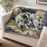 Dalmatian Dog Woven Blanket - Full View of Sleeping Dog Design with Fringed Edges | Our Phoenix Rise
