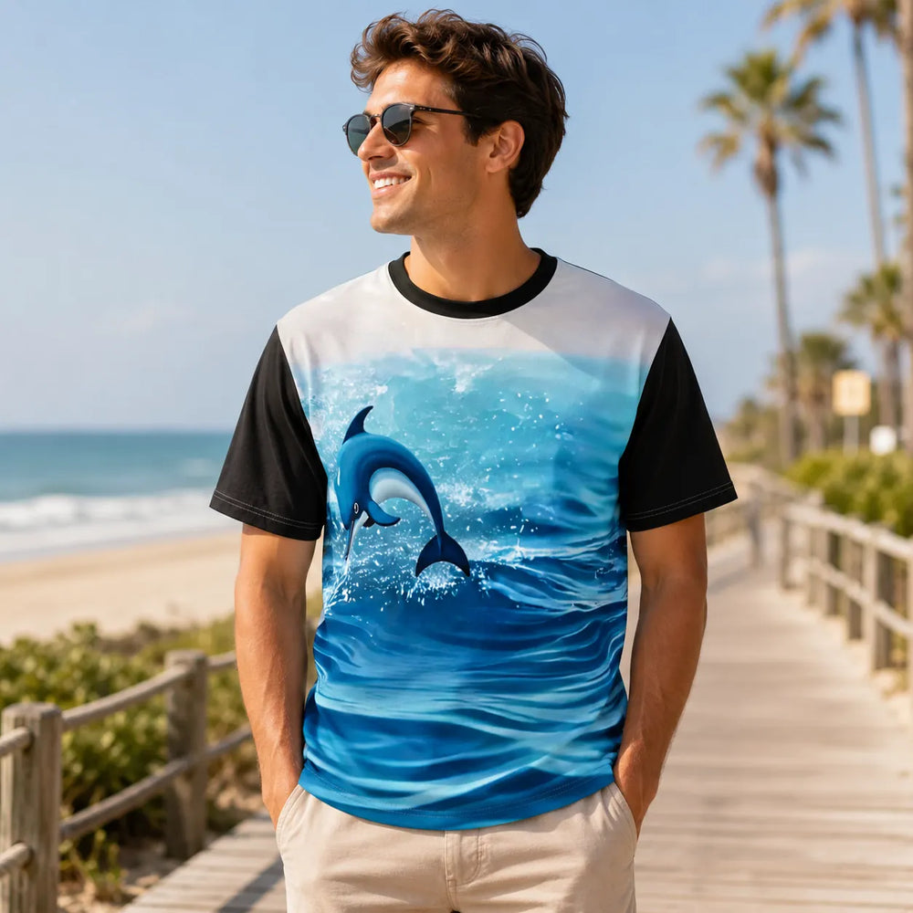 Black Blue Dolphin Jumping Ocean T-Shirt