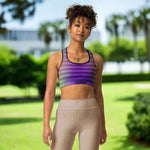 Geometric Gradient Racerback Sports Bra - model outdoors | Our Phoenix Rise