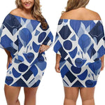 Blue Abstract Off Shoulder Mini Dress - Plus size model front view in motion | Our Phoenix Rise