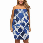 Blue Abstract Mini Dress - Plus size model versatile neckline front view | Our Phoenix Rise