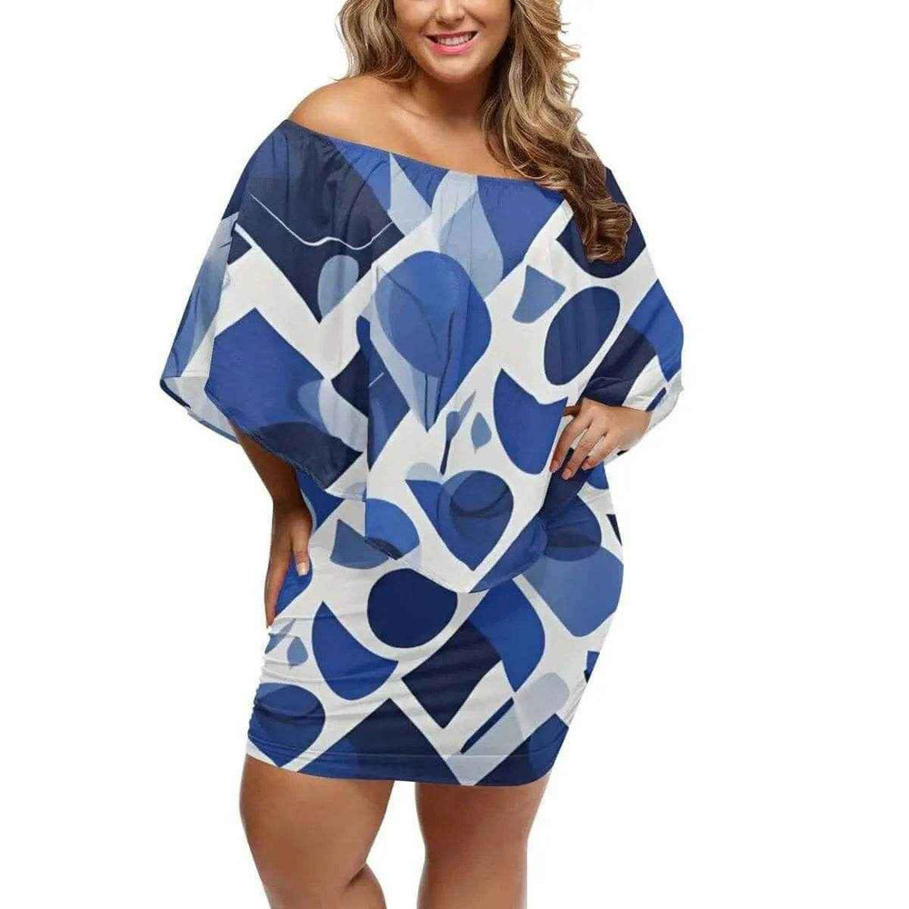 Blue Abstract Off Shoulder Mini Dress