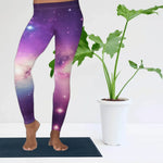 Purple Galaxy Print Leggings - Fabric detail of machine-washable space print | Our Phoenix Rise