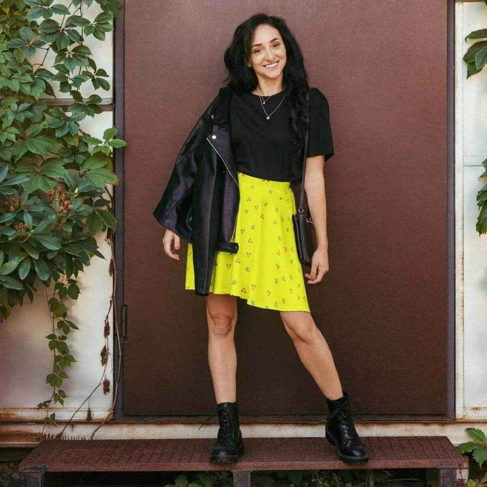 Yellow Leaf Print Skater Skirt