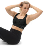 Black high impact longline sports bra, flat lay showcasing full design | Our Phoenix Rise