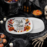 Trick or Treat Halloween Candy Platter - Lifestyle Setup on Spooky Tablecloth | Our Phoenix Rise