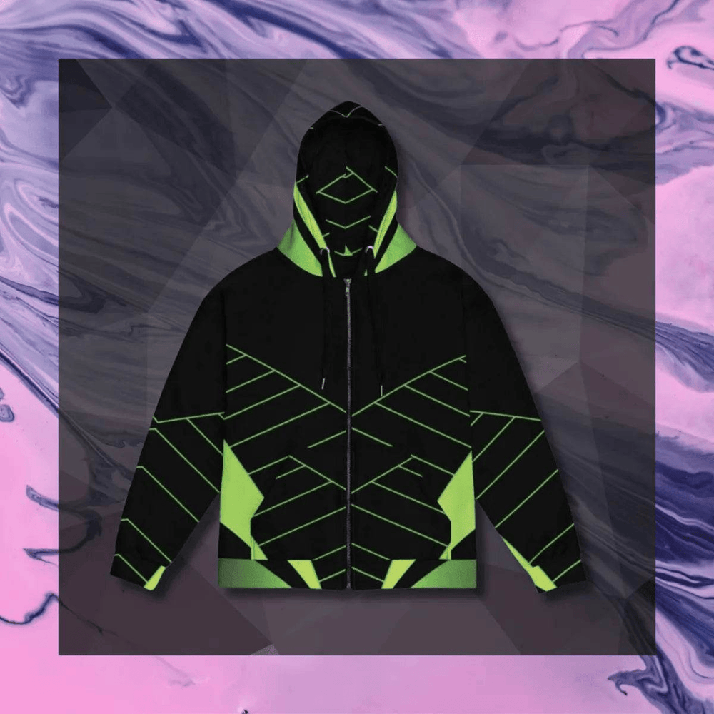 Black Neon Green Geometric Pattern Zip Hoodie