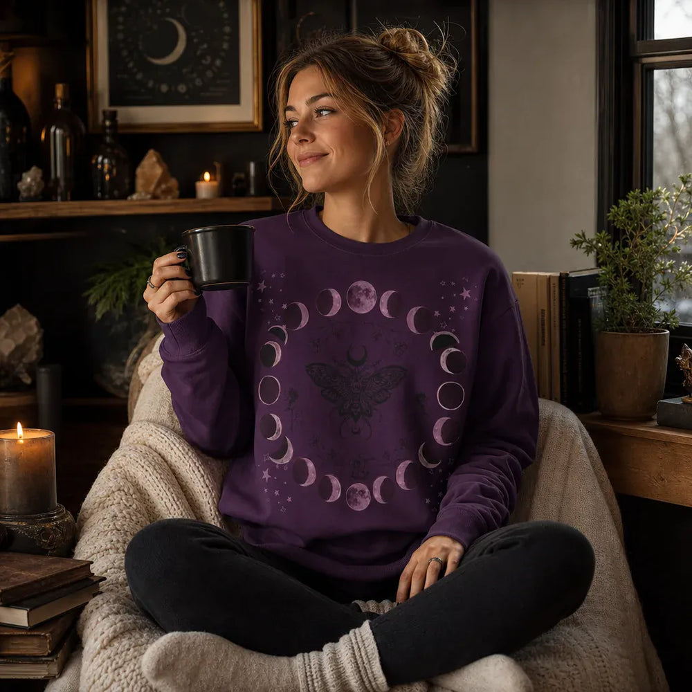 Lunar Phases Moth Purple Sweatshirt