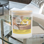 Front view of Mango Coconut Tropical Escape scented aromatherapy candle in a frosted glass jar. Features a raw maple wood lid.
