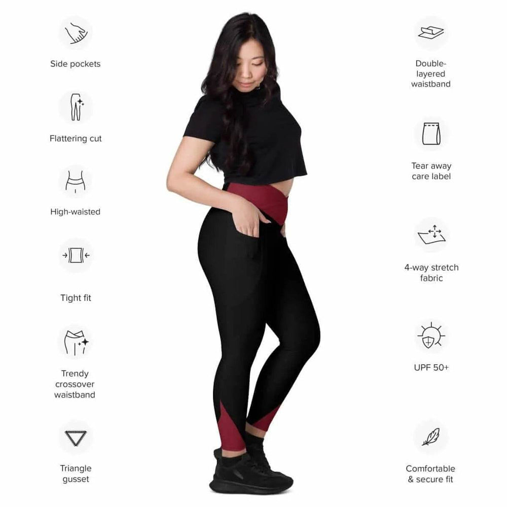 Maroon Black Crossover Leggings with Pockets