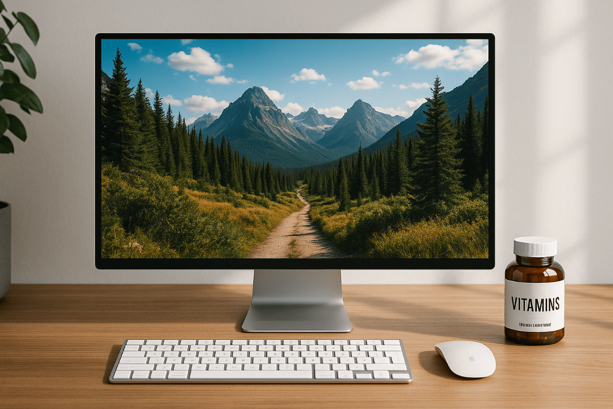 outdoor adventure image on a computer with a desk and a bottle that looks like vitamins