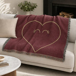 Minimalist Heart Woven Blanket - Rust Red Throw on White Sofa | Our Phoenix Rise