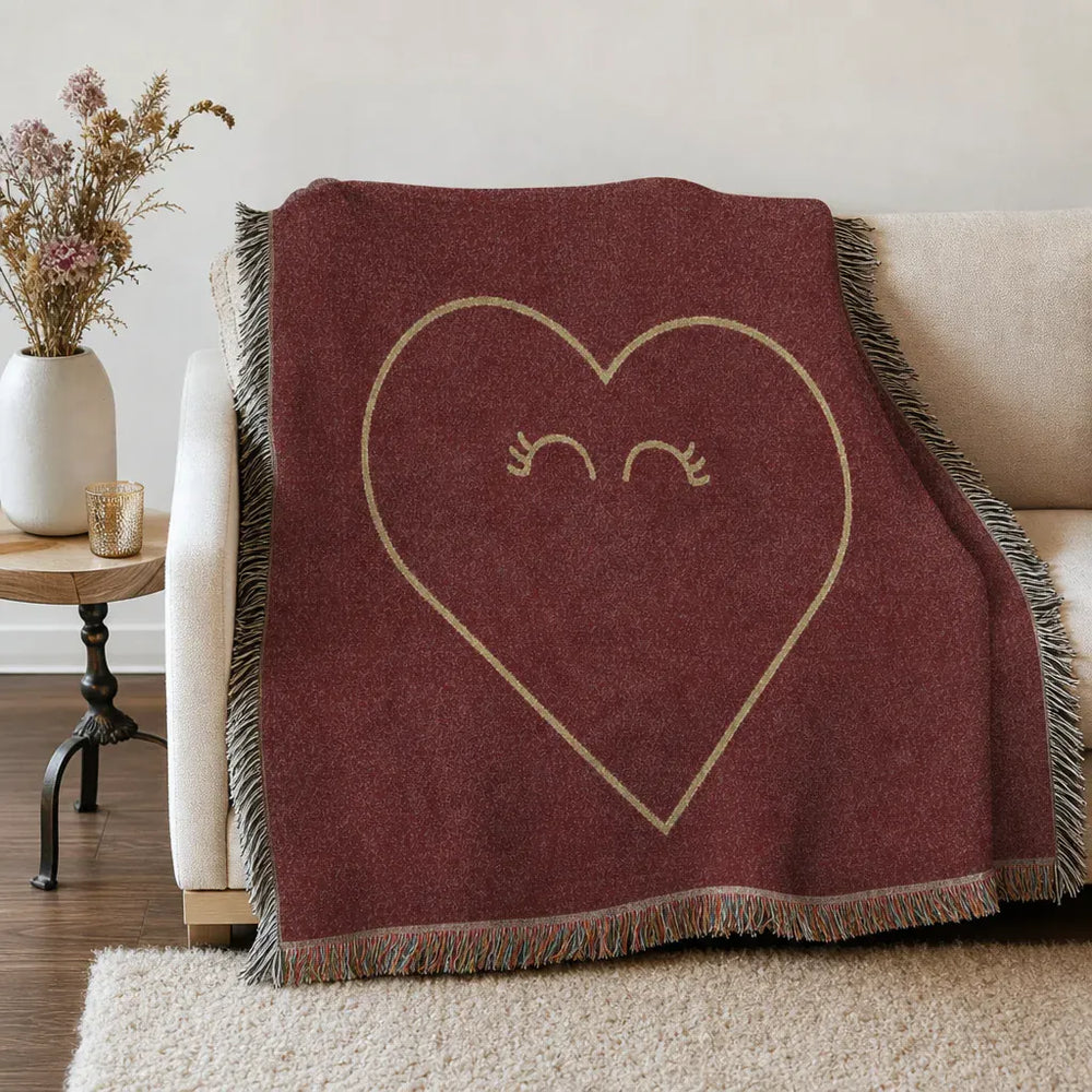 Minimalist Heart Woven Blanket Rust Red Fringe Throw