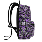 Personalized Purple Glitch Art Backpack - Right side view, black straps and mesh side pocket | Our Phoenix Rise