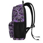 Personalized Purple Glitch Art Backpack - Left side view, black straps and side pocket | Our Phoenix Rise