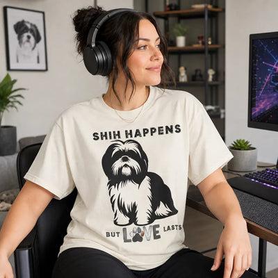 Funny Shih Tzu Pun Shirt - Lifestyle Mockup with Headphones | Our Phoenix Rise