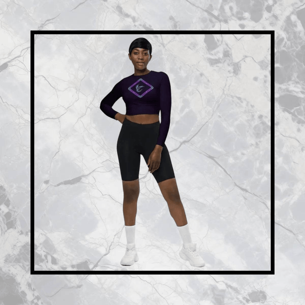 Bold Purple bird Crop Top - Edgy Long Sleeve Activewear | Gym Workout