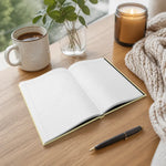 Thanking Past Self Hardcover Journal - close-up open on a wooden surface, ready for writing | Our Phoenix Rise